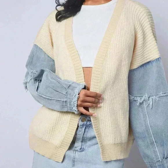 Beige Casual Women's Colorblock Mixed Fabric Sleeve Open Cardigan - Picture 5 of 5